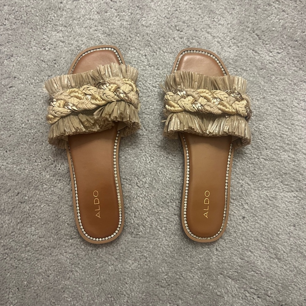 Aldo Beige Braided Fringe Sandals